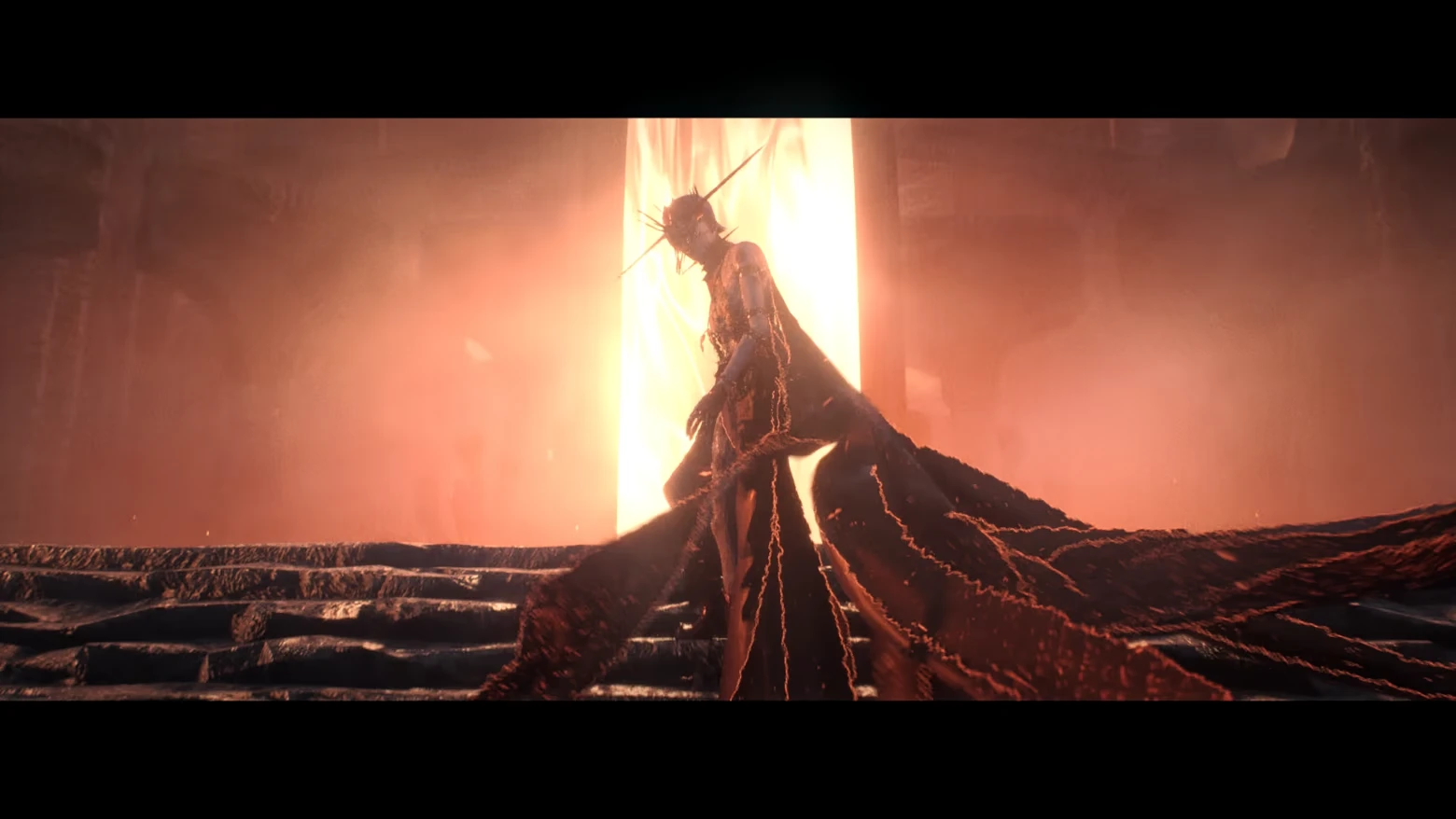 Crowned Wraith Portal – AINUR AINUR: Cloaked figure with spiked headpiece stands on steps before a glowing doorway.