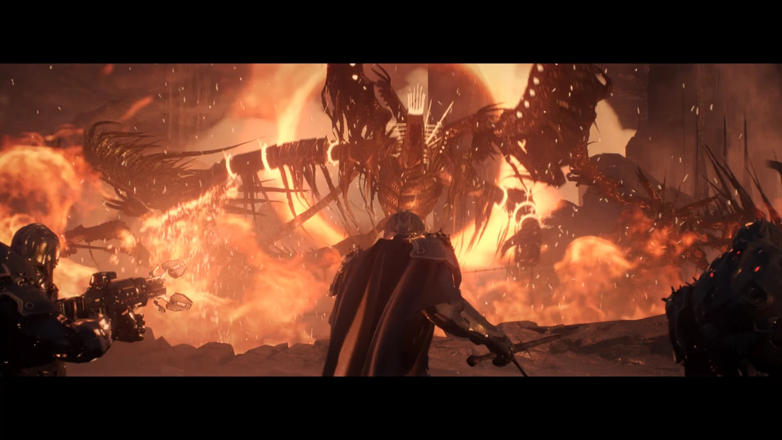 Flaming Wyvern Boss – AINUR AINUR: Armored fighters face a flaming winged monster amid explosions and embers.