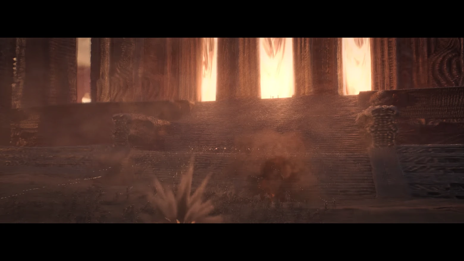 Glowing Temple Stairs – AINUR AINUR: Dusty stone steps lead to towering glowing doorways in a cavernous hall.