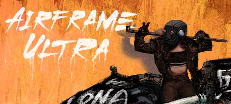 Masked Katana Rider – Airframe Ultra Airframe Ultra: White graffiti logo; masked rider holds bat atop black vehicle on orange wall.