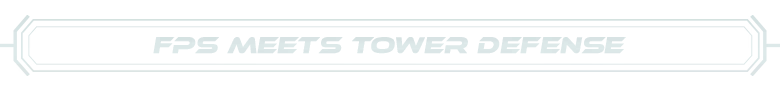 AI.VI: Text reads "FPS MEETS TOWER DEFENSE" in bold, futuristic font with decorative lines.