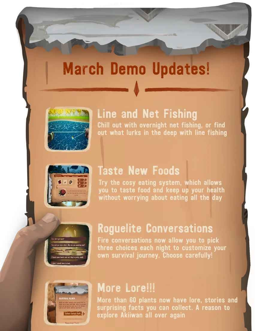 Akiiwan: Poster reading “March Demo Updates!” with feature list and small screenshots.
