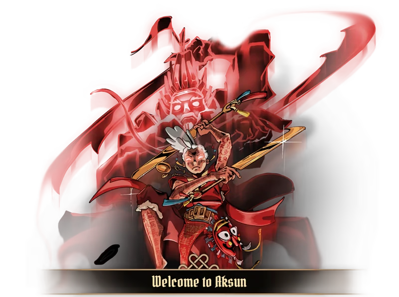 Aksun: Warrior with staff and mask stands before red spirit, text reads "Welcome to Aksun".
