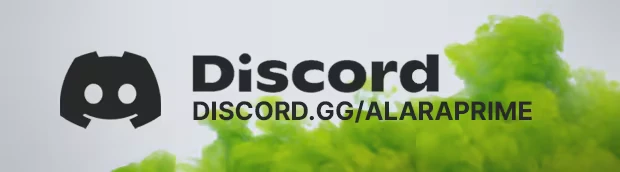 ALARA Prime: Discord logo and link "DISCORD.GG/ALARAPRIME" over green smoke background.