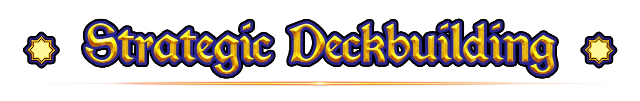 Strategic Deckbuilding Banner – AlcheMice AlcheMice: Large gold-and-blue title text reading “Strategic Deckbuilding” with icons.