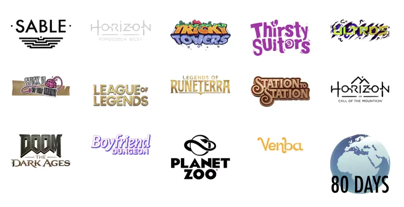 All Will Rise: Grid of game logos on white background, including Sable, League of Legends, 80 Days.