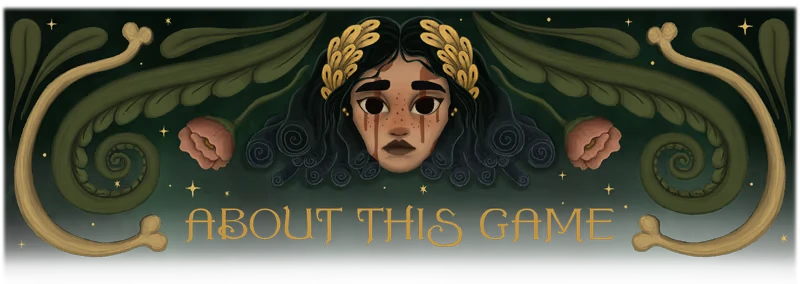 Allogloom: A woman's face with dark hair and golden leaves, surrounded by swirling vines.