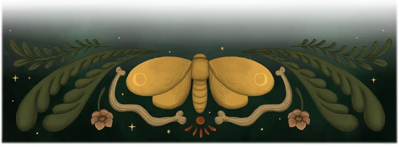 Allogloom: A golden moth with circular markings, surrounded by leaves, stars, bones, and flowers.
