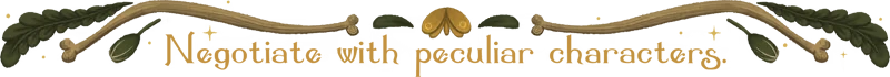 Allogloom: Decorative banner with leaves and bones, text reads "Negotiate with peculiar characters".
