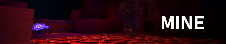 Allumeria Lava Cave – Allumeria Allumeria: Glowing red lava floor with a shadowy figure and bold white text "MINE" on the right.