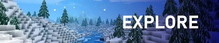 Snowy Landscape – Allumeria Allumeria: Snowy landscape with blocky trees and river; bold white text reads "EXPLORE".