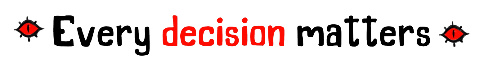 ALONE: Red word “decision” on black background with red eye icons at sides.