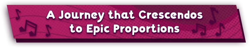 Alpha Nomos: Bold white text on a pink background with musical notes, reading "A Journey that Crescendos to Epic Proportions".