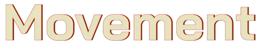 Amalgam: Large beige word “Movement” with red outline on a black background.
