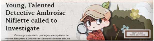 Ambroise Niflette & the Gleaned Bell: Newspaper headline with cartoon detective and flowers.