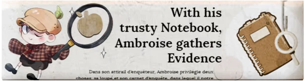 Ambroise Niflette & the Gleaned Bell: Cartoon detective with magnifying glass, notebook, and text.