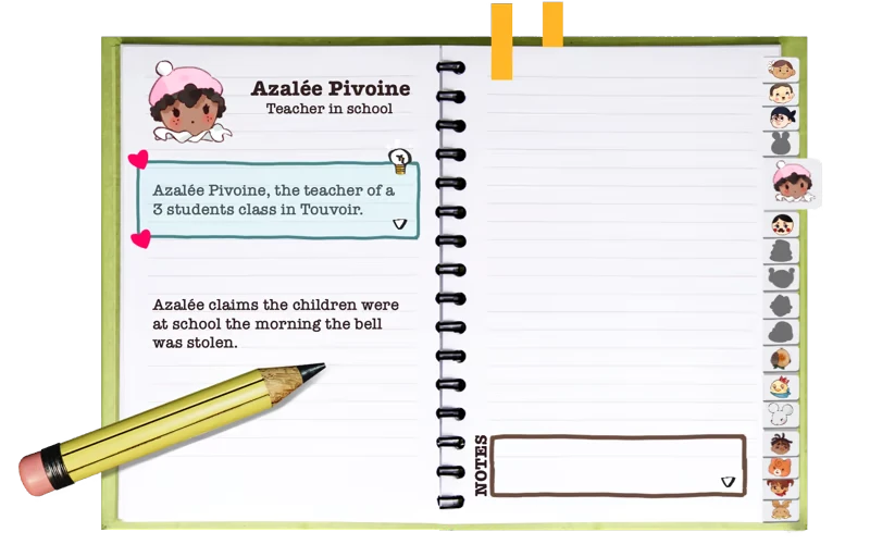 Ambroise Niflette & the Gleaned Bell: Notebook with Azalée Pivoine's profile and a pencil.