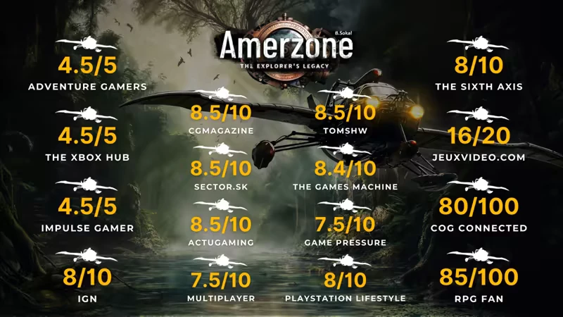 Amerzone: Game cover with ratings from various reviewers, featuring a flying machine in a jungle.