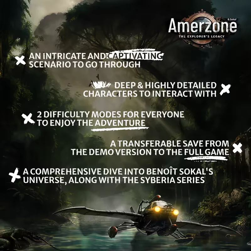 Amerzone: Text highlights features over a jungle scene with a boat on a misty river.