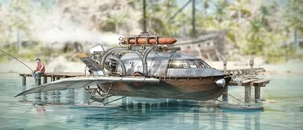 Amerzone: A futuristic boat docked by a pier, with a person fishing nearby in a tropical setting.