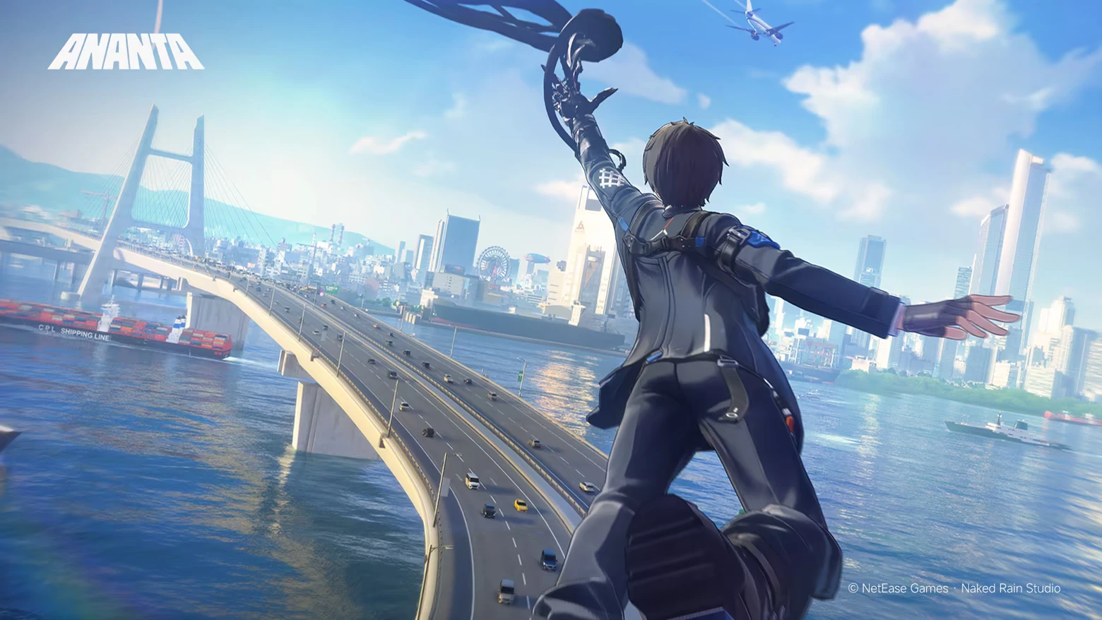 Bridge Swinging View – ANANTA ANANTA: Character leaps over bridge toward city skyline; ANANTA logo top left.