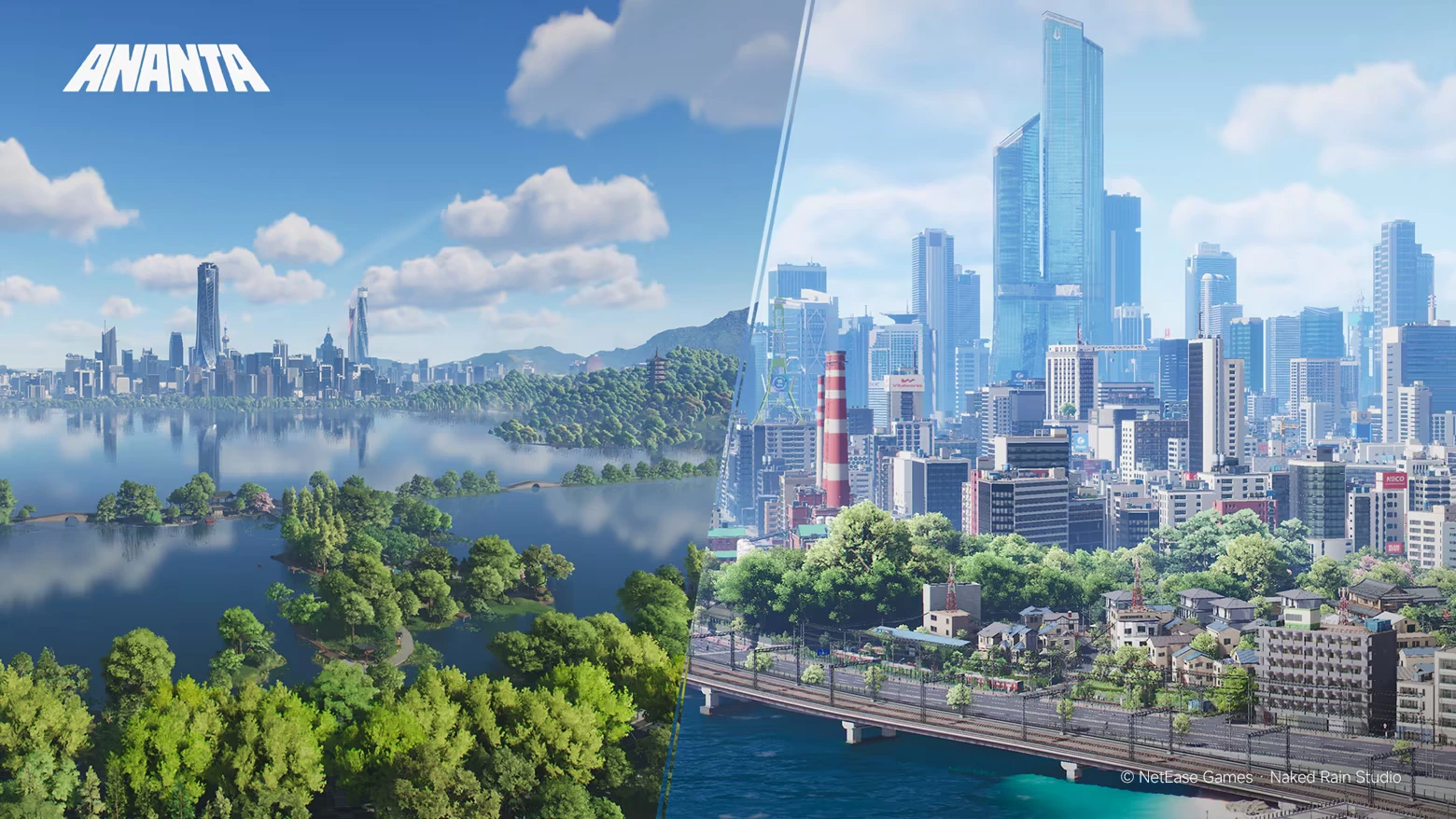 City Lake Skyline – ANANTA ANANTA: Split view of lake park and modern city skyline; ANANTA logo top left.