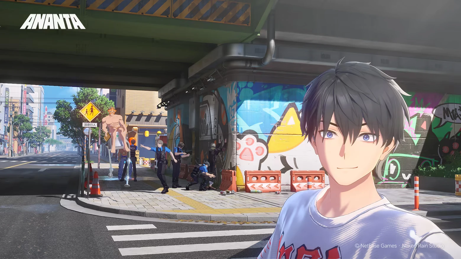 Overpass Graffiti Street – ANANTA ANANTA: Smiling boy in foreground; police and graffiti under overpass, ANANTA logo top-left.