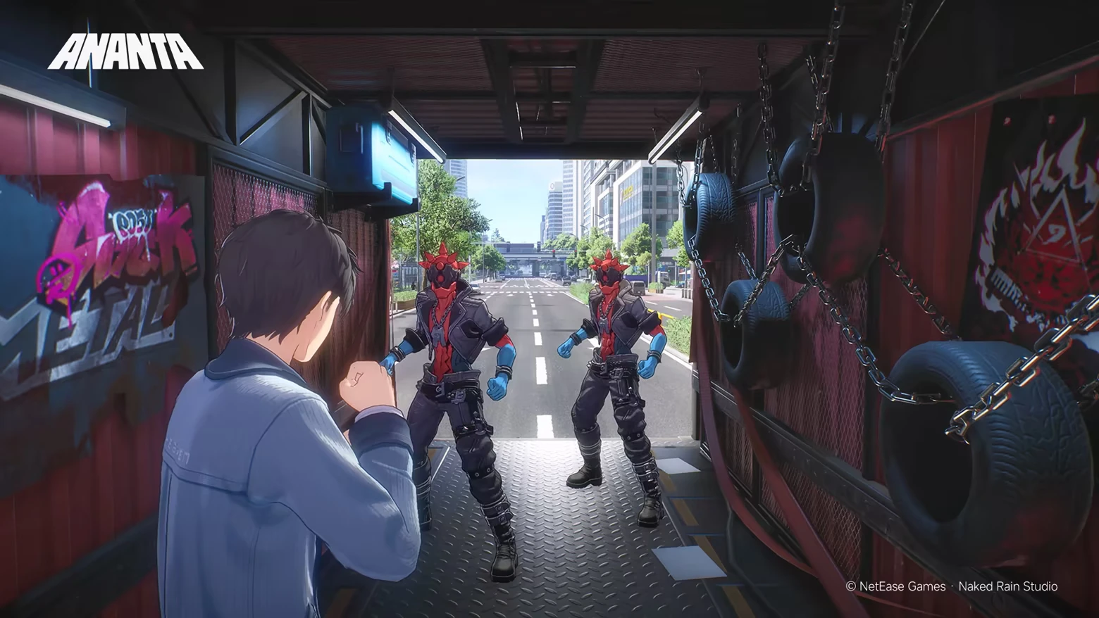 Truck Ambush Fight – ANANTA ANANTA: Man faces two red-masked fighters in a truck; ANANTA logo top left.