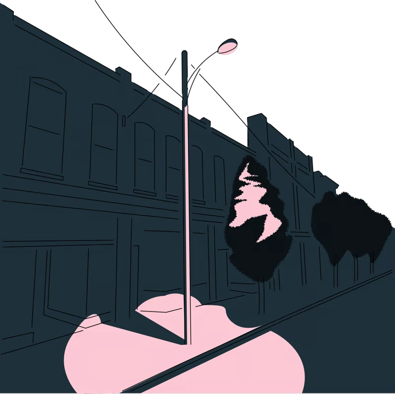 and Roger: Dark street scene with tall buildings, trees, and a lamppost casting pink light.