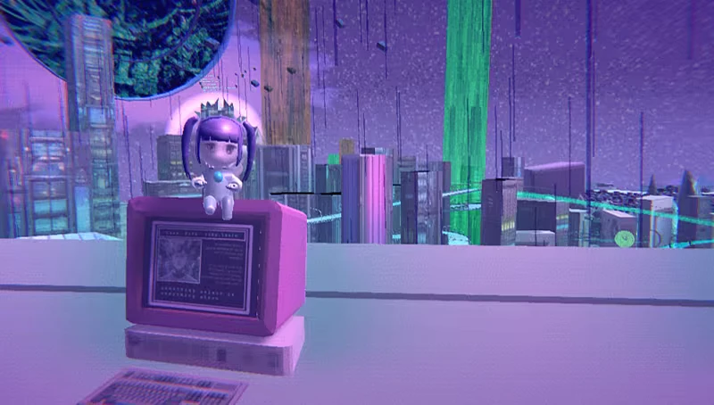 Angel: Chibi girl with purple pigtails sits on pink monitor, neon city backdrop.