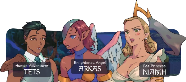 Angeline Era: Three characters labeled Human Adventurer Tets, Enlightened Angel Arkas, Fae Princess Niamh.