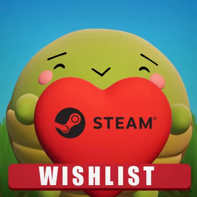 Animal Falling: Green cartoon animal holds a red heart with "STEAM" logo, "WISHLIST" text below.