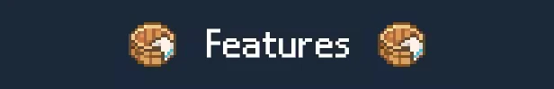 Animal Spa: Pixel art barrels flank the word "Features" in white on a dark blue background.
