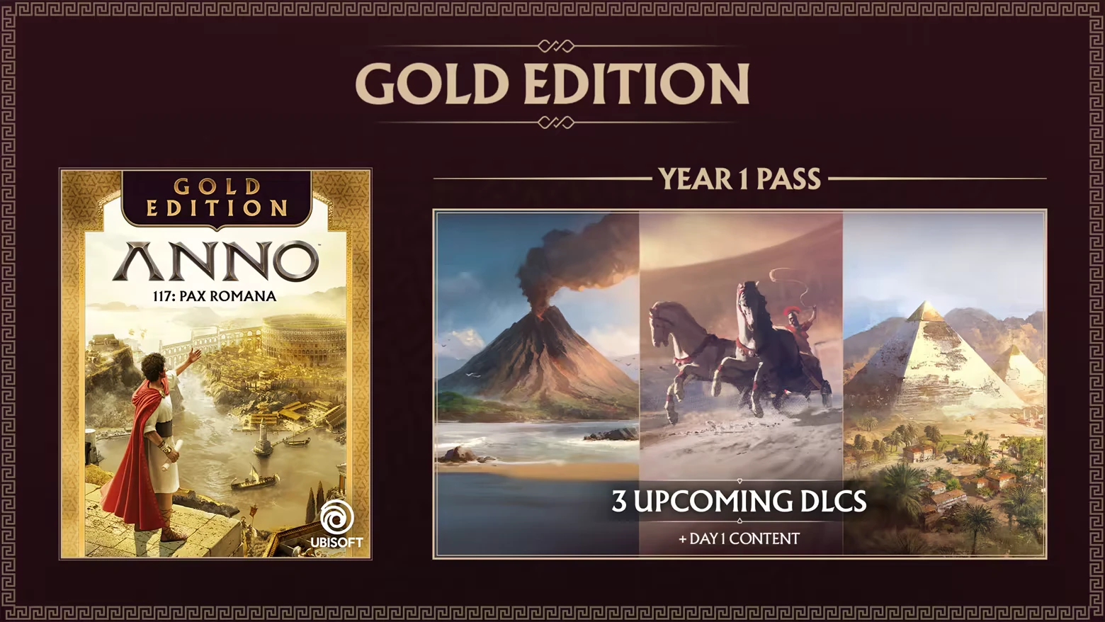 Gold Edition – Anno 117: Pax Romana Anno 117: Gold Edition cover, volcano, chariot, pyramids, "3 Upcoming DLCs + Day 1 Content".