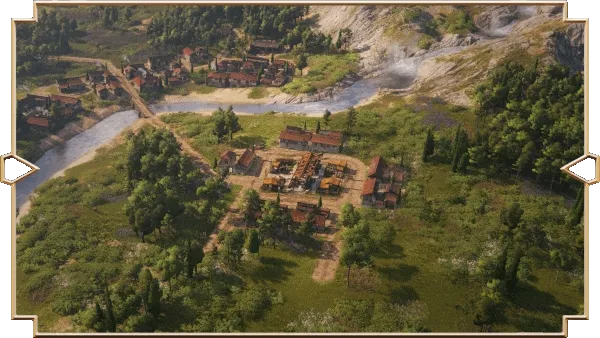 Anno 117: Aerial view of a Roman settlement with buildings, a river, and lush greenery.