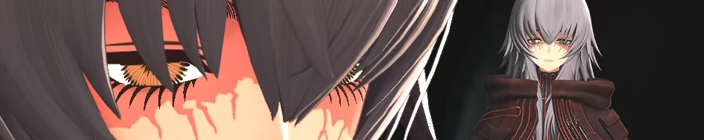 Bloodstreak Closeup – ANOMALITH ANOMALITH: Close-up of anime girl’s eyes with red streaks; full figure at right in dark coat.