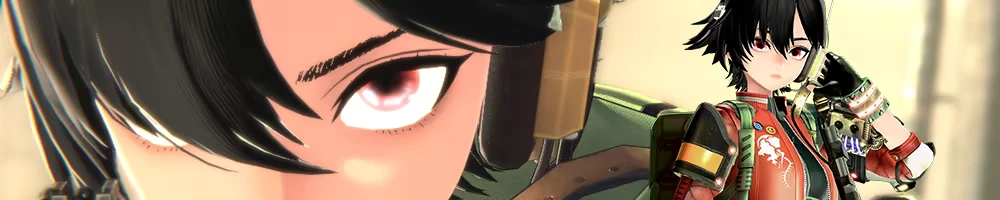 Character Closeup – ANOMALITH ANOMALITH: Close-up of anime girl’s eye; full figure with rifle and headset behind.