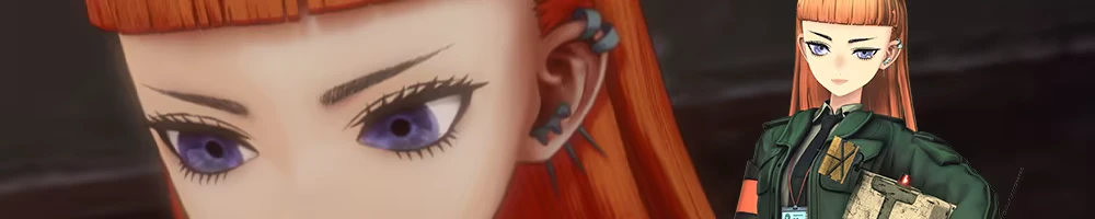 Character Portrait Duo – ANOMALITH ANOMALITH: Close-up of orange-haired woman with purple eyes; full figure at right.