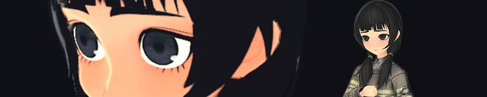 Chibi Character Render – ANOMALITH ANOMALITH: Close-up of anime girl’s face; full figure in gray sweater on right.