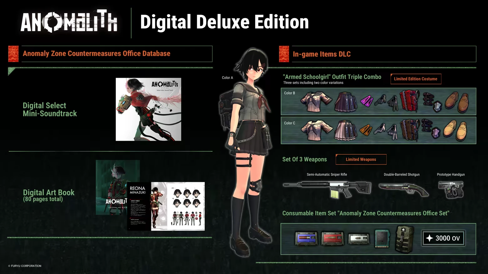 Digital Deluxe Edition – ANOMALITH ANOMALITH: Digital Deluxe Edition screen with schoolgirl model, DLC outfits, weapons, items.