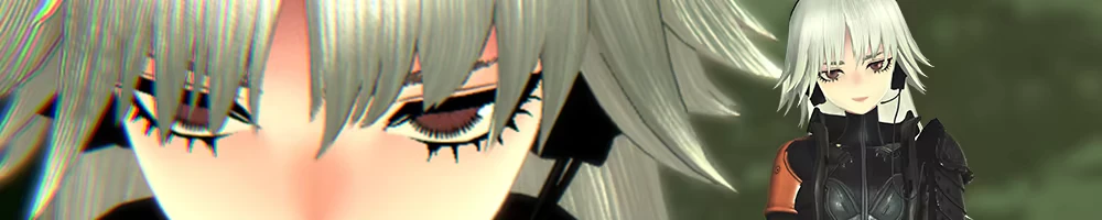 Dual Character Portrait – ANOMALITH ANOMALITH: Close-up of white-haired girl with headset; full figure in black suit behind.