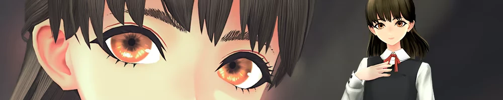 Glowing Eyes Portrait – ANOMALITH ANOMALITH: Close-up of anime girl’s glowing orange eyes; full figure in school uniform.