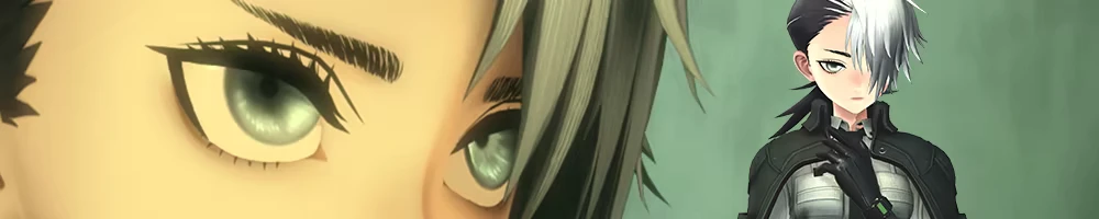 Half Mask Portrait – ANOMALITH ANOMALITH: Close-up of green eyes; pale-haired character in black outfit on right.