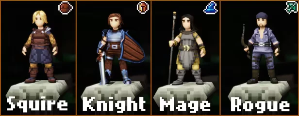 Apogea: Four character classes—Squire, Knight, Mage, Rogue—stand on stone platforms.