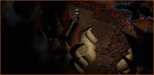 Apogea: Dark cavern with spiked walls, two characters, and a glowing dragon outline above.