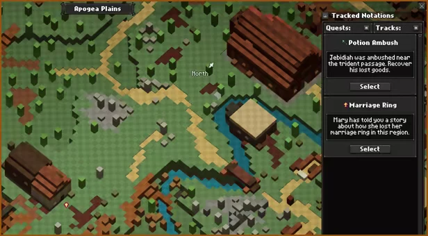 Apogea: Pixelated map with quests panel showing "Potion Ambush" and "Marriage Ring" tasks.