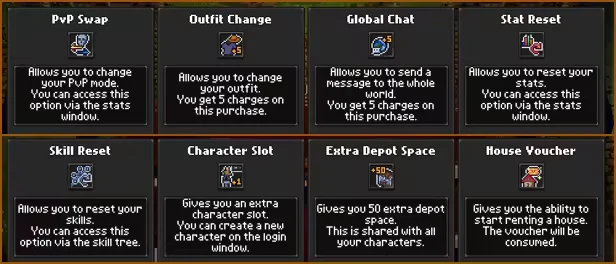 Apogea: Eight item boxes with icons and descriptions for PvP, outfit, chat, stats, and more.