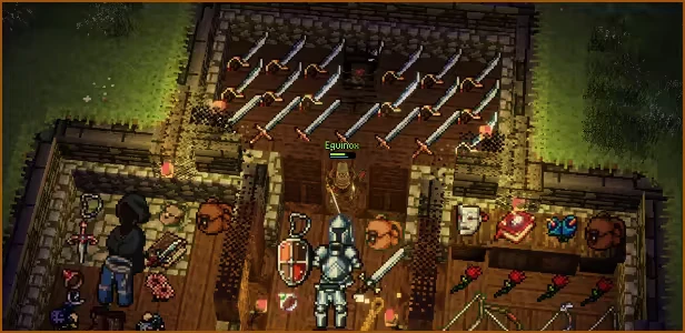 Apogea: A medieval shop with swords on the wall, armored character, and items on display.
