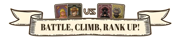 Apokerlypse: Four character cards face off above a banner reading "BATTLE, CLIMB, RANK UP!"