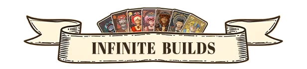 Apokerlypse: A banner with "INFINITE BUILDS" text and illustrated character cards above.